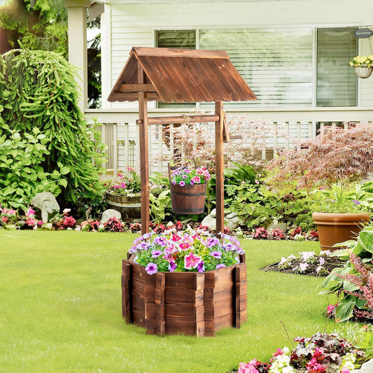VINGLI Wooden Wishing Well Outdoor Planters, Well Covers for Yard with 2 Reinforced Rods, Height Adjustable Hanging Bucket, Rustic Flower Pot Home Decor for Outside Patio Garden