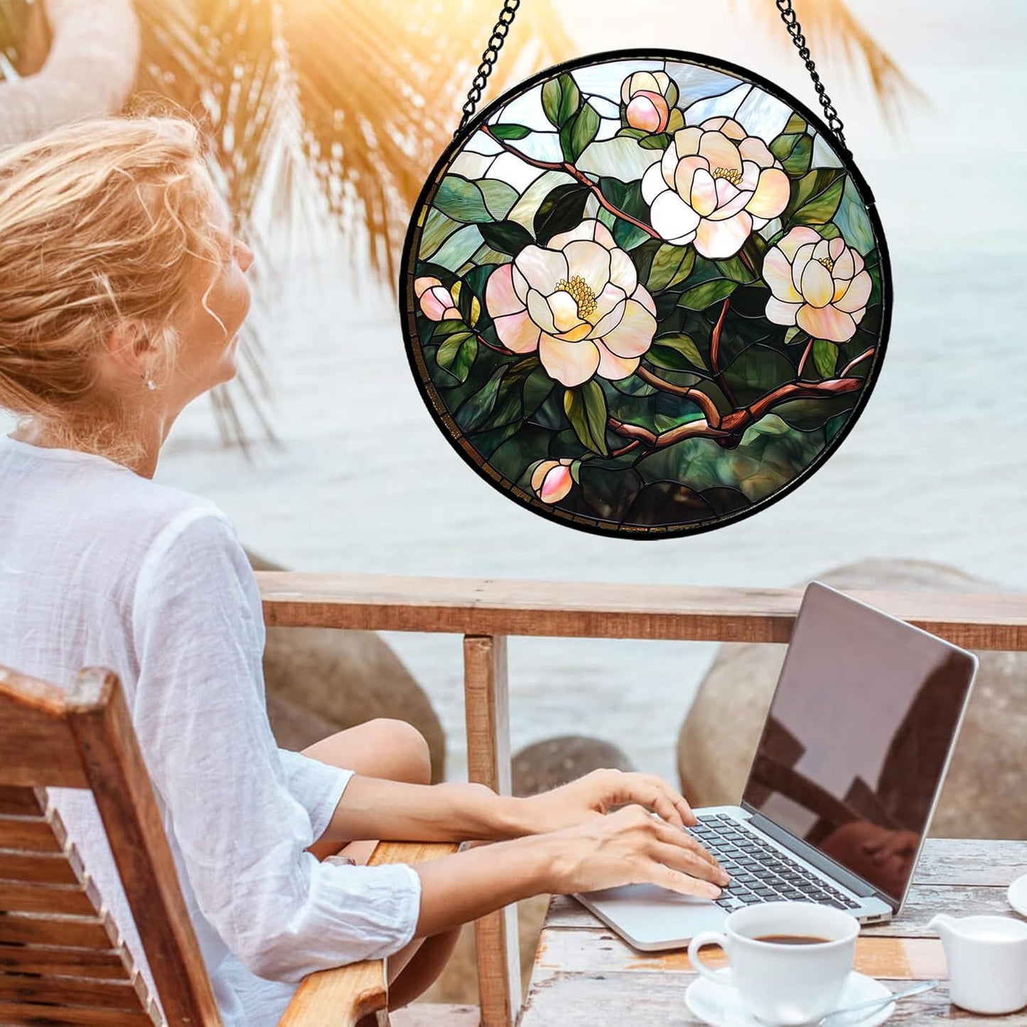 Stained Glass Suncatcher, Light Pink Flowers Green Leaf Sun Catcher Plant Stain Glass Window Hanging Decoration Mother's Day Birthday Gifts for Women Men Mom Nana 15 in