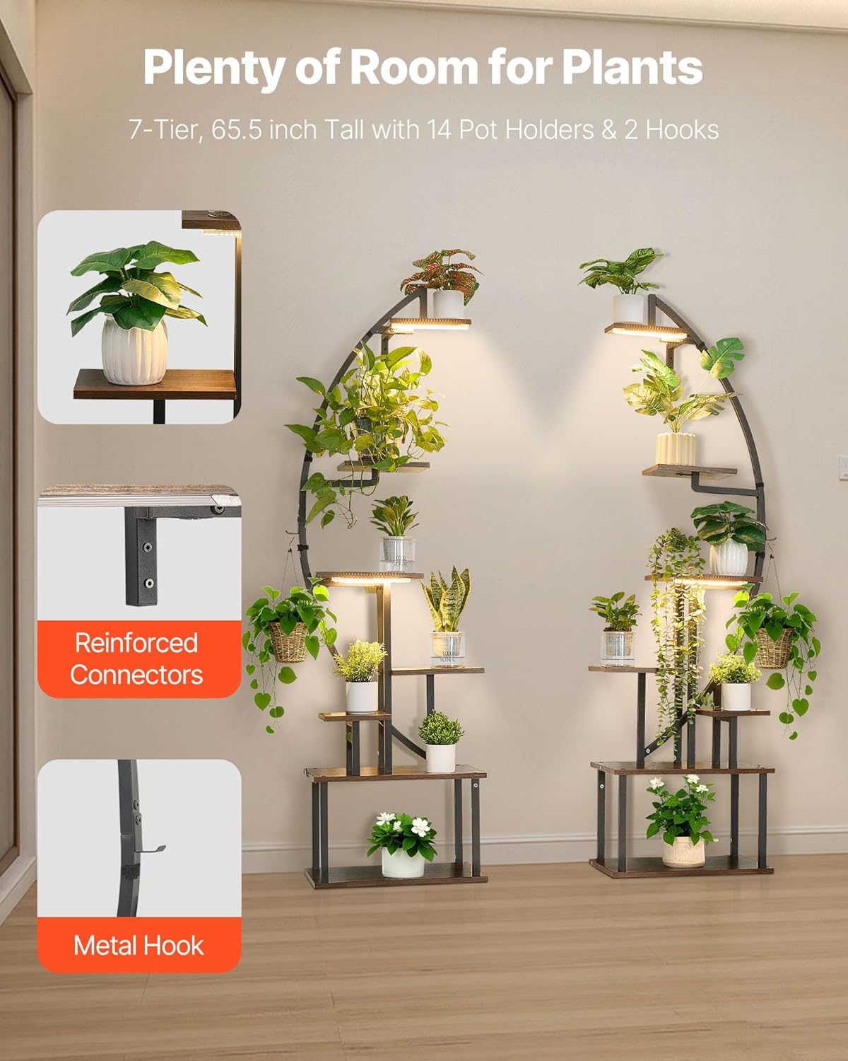 VEVOR Plant Stand Indoor with Grow Lights, 65.5 in Tall 7-Tiered Lighted Plant Shelf, 2 Pack Metal Corner Plants Holder, 3 Timer & 10 Brightness, Half-Moon Shaped Flower Display Rack for Living Room