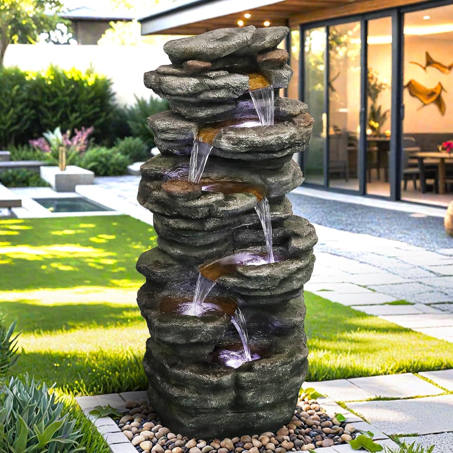 6-Tier Rockery Outdoor Fountain - 40” H Outdoor Waterfall Fountain with LED Lights for Home&Office Decor, Stacked Rock Cascading Relaxation Garden Fountains Outdoor for Patio, Yard, Deck