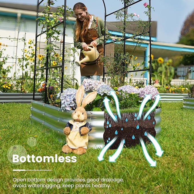 KING BIRD Raised Garden Bed with Arched Trellis Galvanized Planter Garden Box Outdoor for Gardening, Climbing Vegetables, Flowers 5.9x2.95x0.98 Ft 2PCS, Silver