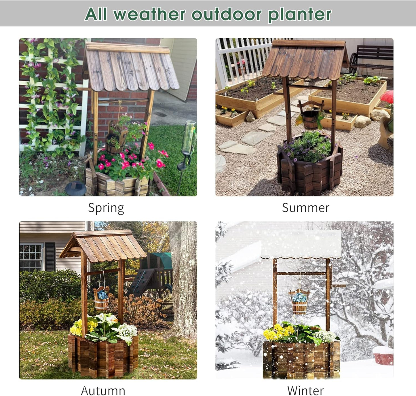 Wooden Wishing Well Planter for Outdoors with Hanging Bucket, Rustic Flower Planter Patio Garden Decorative, Brown