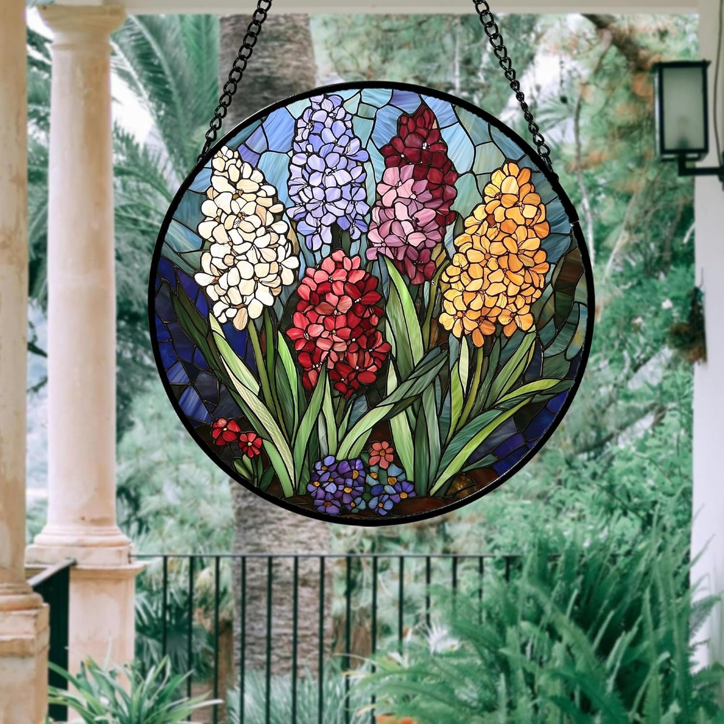 Stained Glass Window Hanging, Colorful Hyacinth Flowers Suncatcher for Doors Window Home Plant Sun Catchers Decoration Mother's Day Birthday Gifts for Women, Men, and Mom 9.8x9.8 in