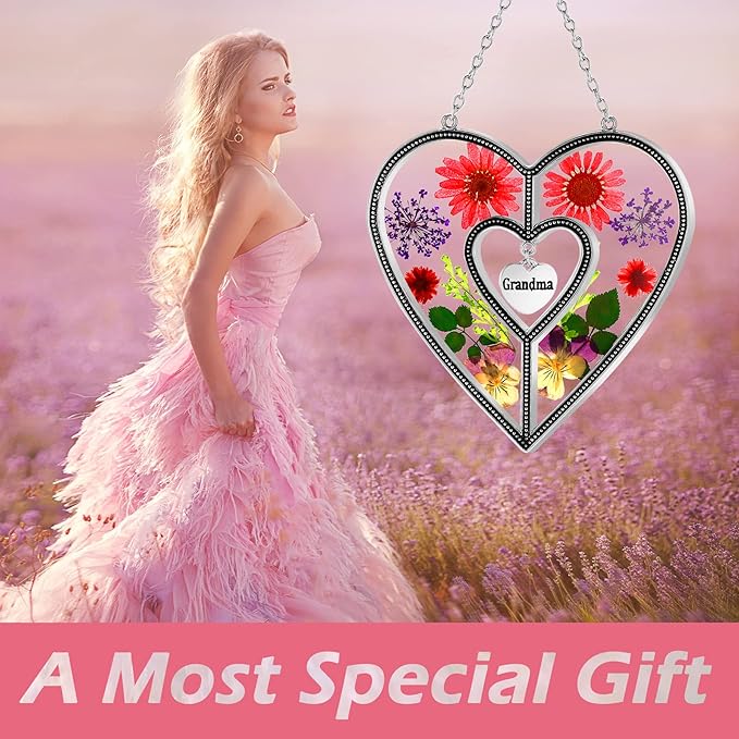 KY&BOSAM Suncatcher Stained Glass Grandma Heart Gifts for Women Mother`s Day Grandma Gift Gifts for Grandma from Daughter Son Indoor Decor Yard Decor for Mother Day Christmas Birthday Gift