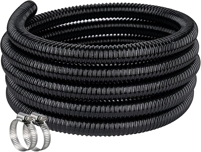Pond Hose ID 1-1/4” × 25ft Black Corrugated Flexible Reinforced PVC Hose Vinyl Tubing for Pond Pump Fountain Garden Waterfall, Non-toxic & Kinkproof, with 2 clamps