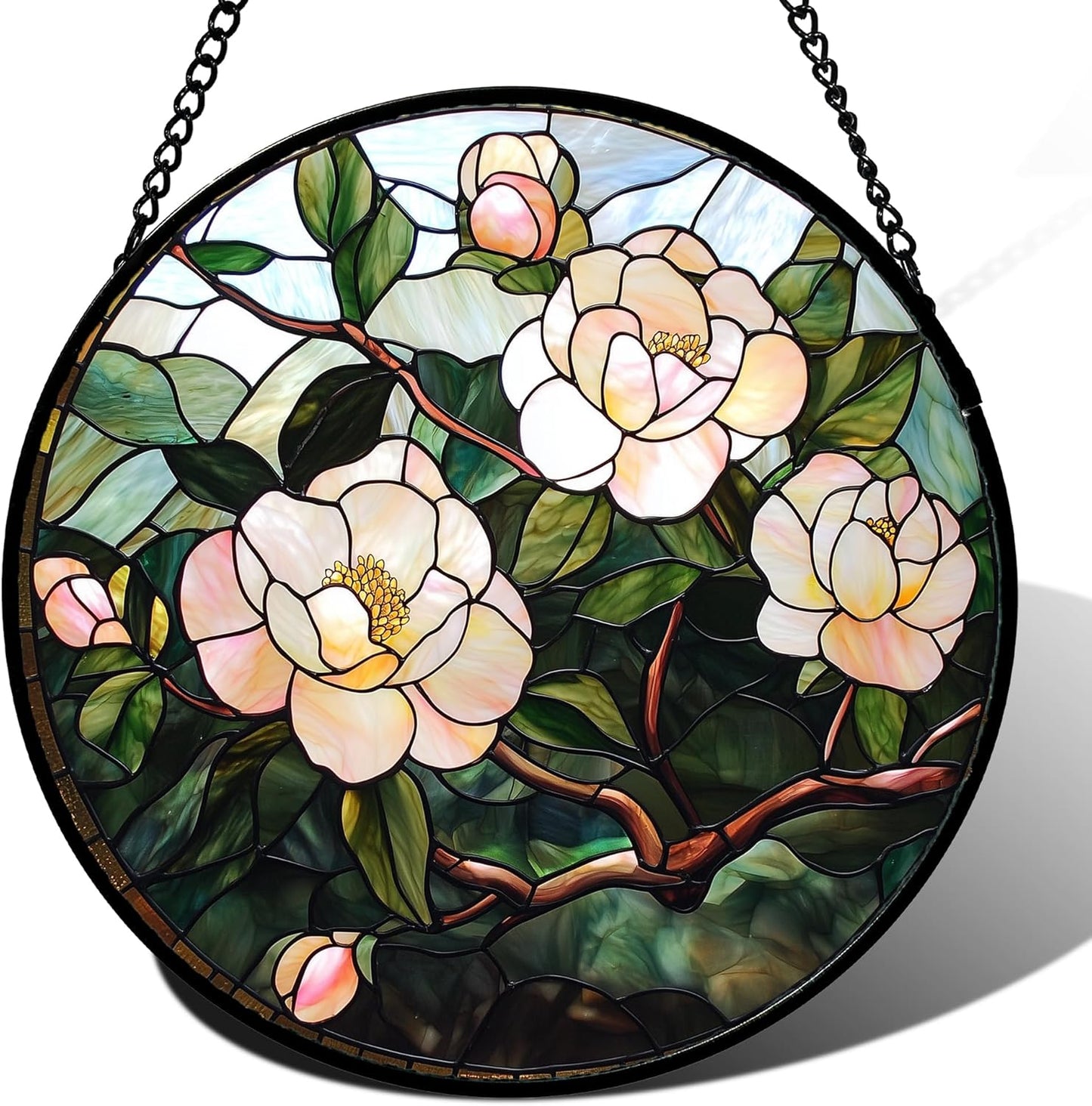 Stained Glass Suncatcher, Light Pink Flowers Green Leaf Sun Catcher Plant Stain Glass Window Hanging Decoration Mother's Day Birthday Gifts for Women Men Mom Nana 7.8 in