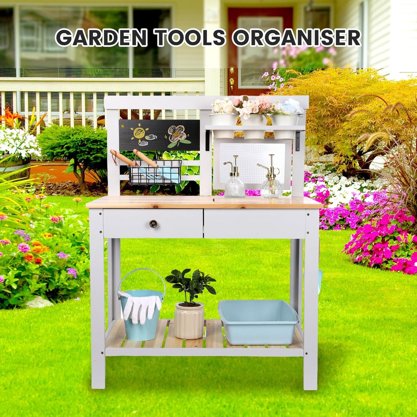 Potting Bench Outdoor Potting Table—All-Weather Kids Solid Wood Garden Work Station with Sink、Drawer、Hooks、3Flower Pots, Weather Proof （White Grey, Large）