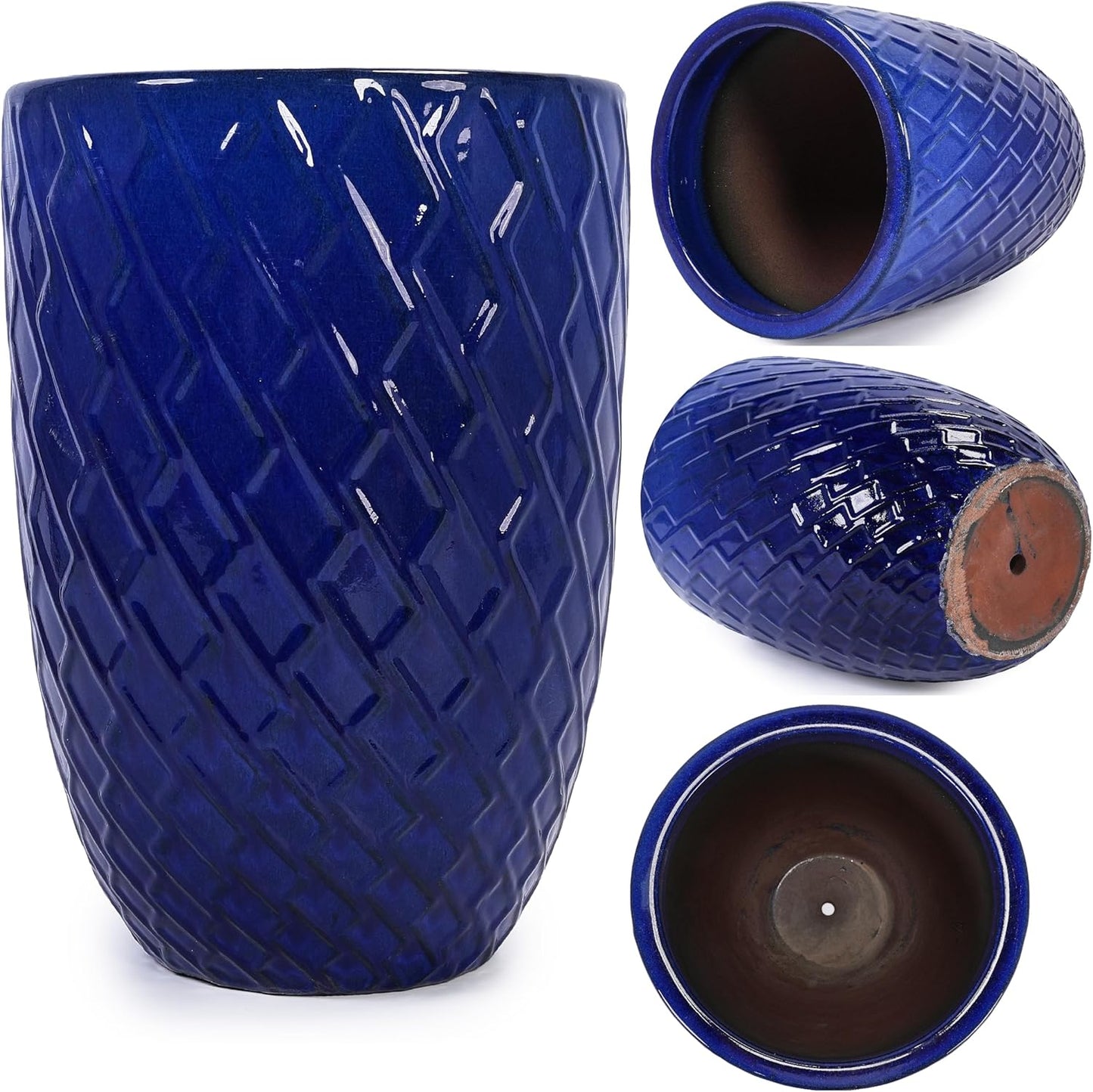 Large Ceramic Planter Pot 21 Inch, Tall Plante Pots Decorative Flower Pot with Diamond Textured Pattern and Drainage for Indoor Outdoor Plants (Dark Blue)