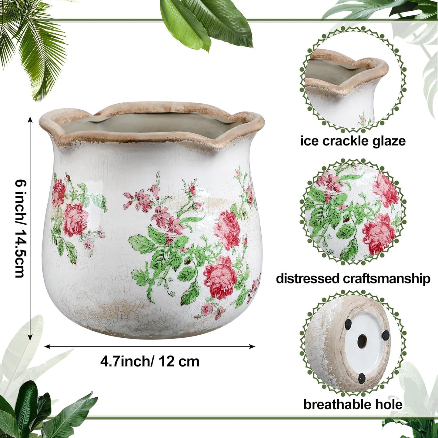 Newtay 6 Inch Ceramic Plants Pots Vintage Ceramic Flower Planters Crackle Glaze Finish Flower Pots Decorative Floral Vintage Planters for Living Room Garden Home Decor Gifts(Classic)