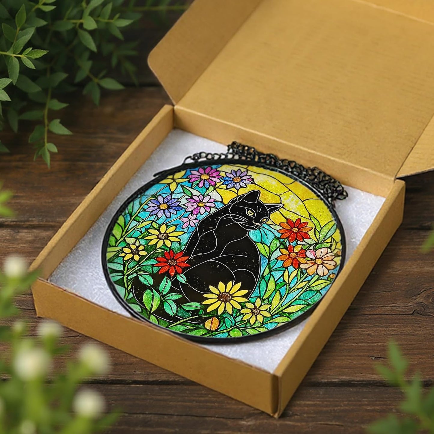 Black Cat Stained Glass Window Hanging, 8 Inch Sun Catchers Indoor Window, Suncatchers for Windows Hanging, Home Decor and Christmas, Festival, Mother's Day, Birthday, Gifts for Women, Men, Cat Lovers