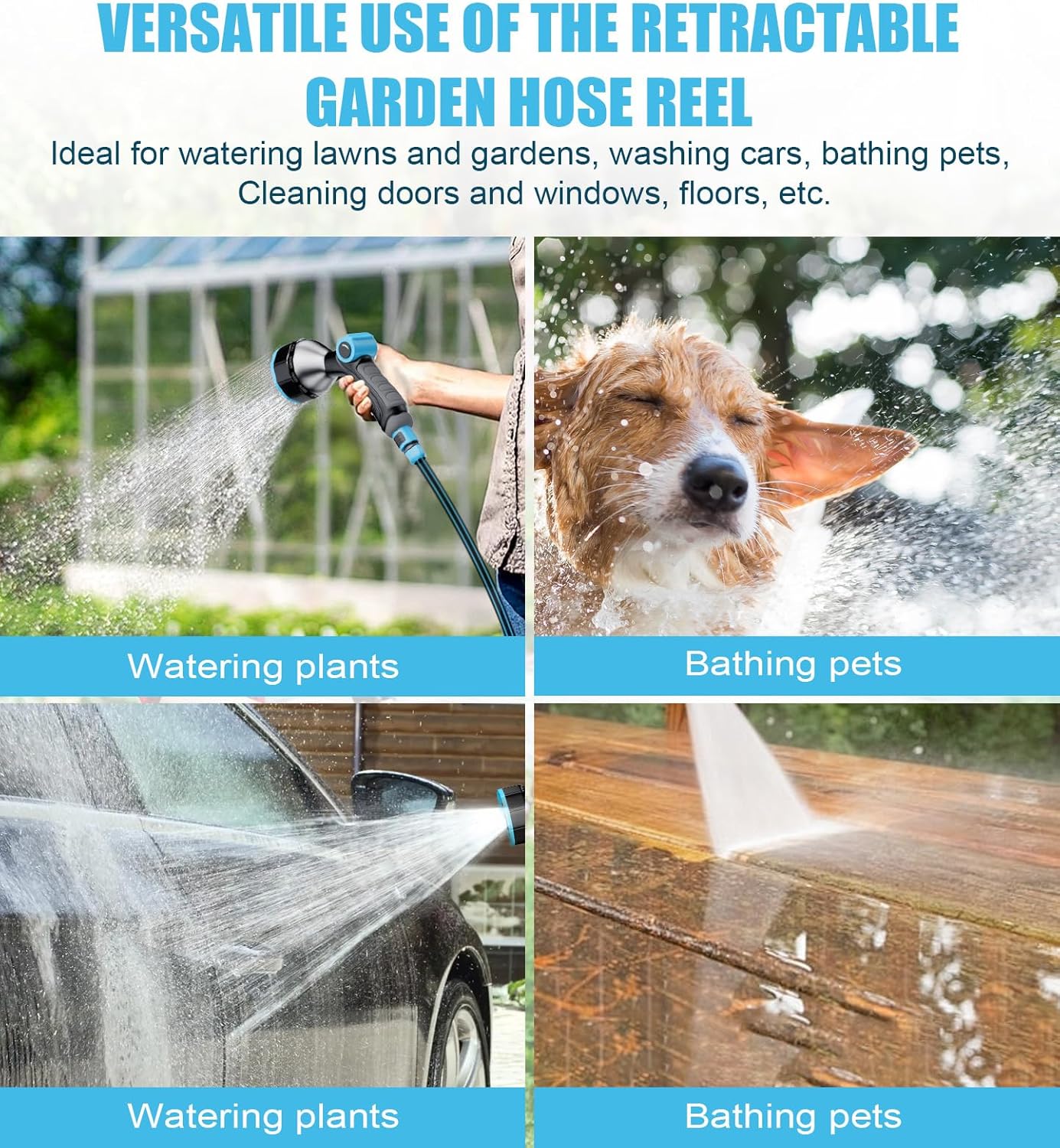 Retractable Garden Hose Reel, 100FT Portable Garden Hose with Reel, Hose Reel Wall Mount with 9-Pattern Nozzle, Automatic Rewind System, 180° Swivel Bracket, Any Length Lock (100FT)