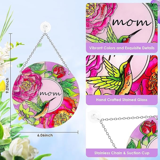 Hummingbird Gifts for Mom, Stained Glass Bird Window Hangings, Sun Catcher Ornament Hanging for Windows, Hummingbird Suncatcher for Women, Mother's Day Birthday Christmas (Suction Cup, 6in)