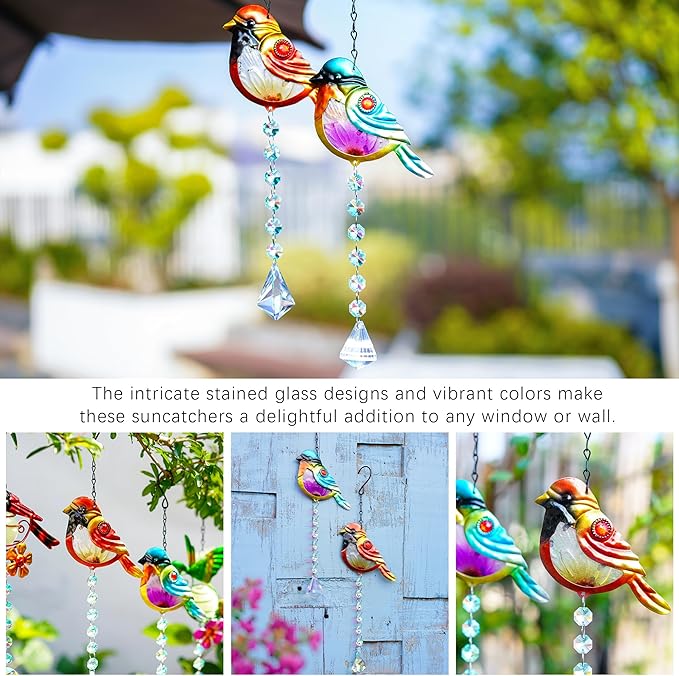 Set 2 Stained Glass Little Birds Suncatchers Rainbow Maker Crystal Prisms Hanging Suncatcher for Window Colorful Metal Birds Wall Art Fence Decorations