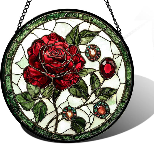 Stained Glass Window Hanging, Red Rose Gemstone Green Sun Catchers Diamond Glass Panel Hangings Suncatcher Decor for Birthday for Women, Men, Wife, Aunt, and Mom 7.8 in
