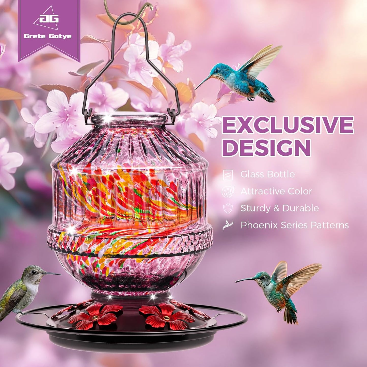 Hand Blown Glass Hummingbird Feeders for Outdoors, 25 Ounces Wild Bird Nectar Feeder with Perch & 5 Flower Feeding Ports Leak Proof Hanging for Garden Backyard Decor, Gifts for Women Mom, Purple