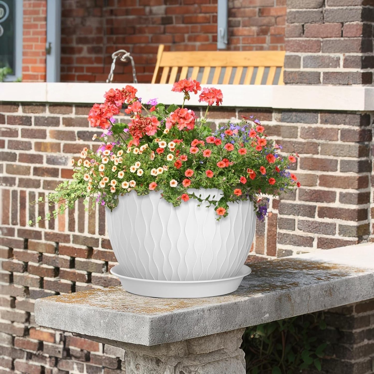 12/10/9 inch Large Plant Pots, 3 Pack Wide Flower Pots for Outdoor Indoor Plants with Water Ripples, Big Plastic Planters with Drainage Holes and Saucers for Garden House Plants, White