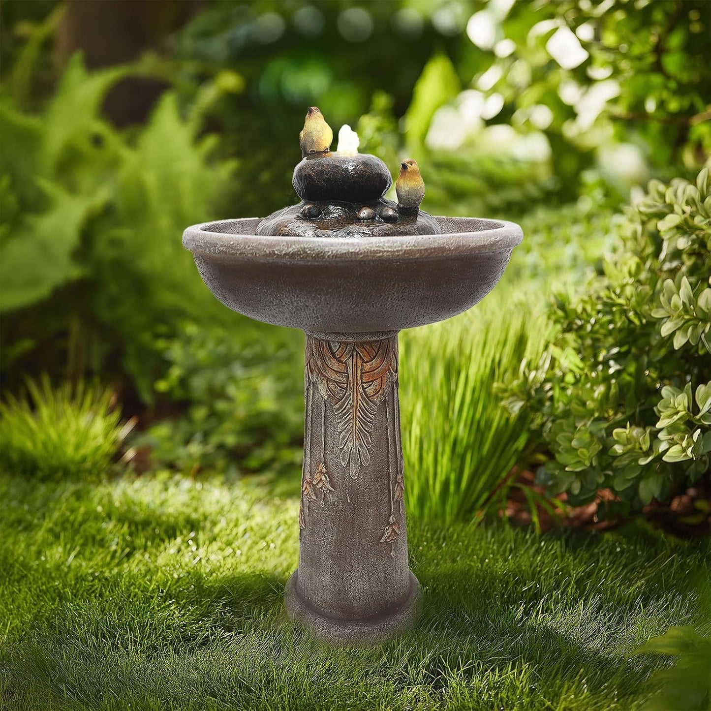 G-LEAF Outdoor Garden Bird Bath Fountain with LED Lights, Freestanding Waterfall Birdbath Garden Water Fountain for Backyard, Patio