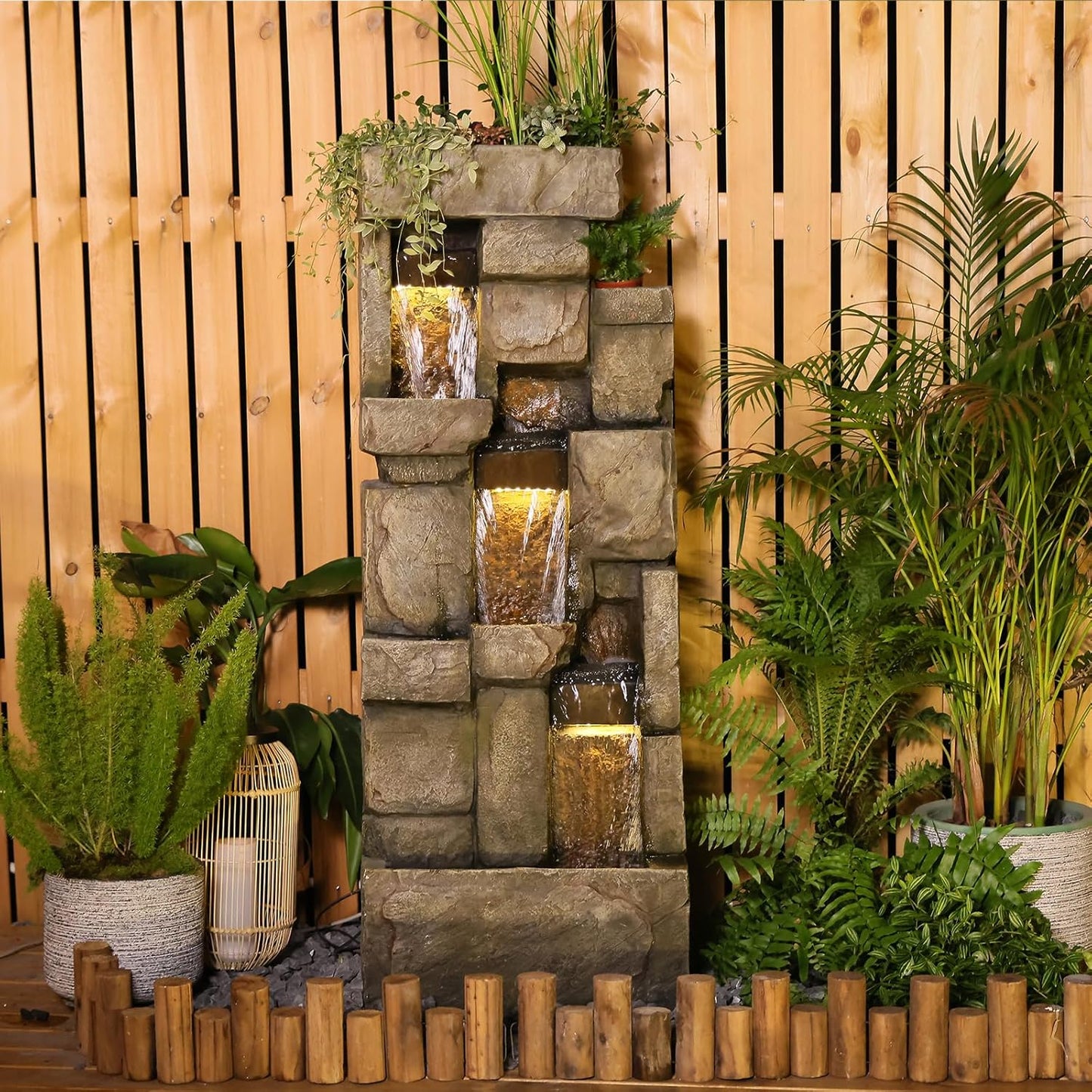 Garden Outdoor Water Fountain, 56.3" H 3-Tiered Imitation Rock Waterfall Fountain with LED Lights and Pumps for Garden, Patio, Backyard, Deck, Porch and Home Art Decor