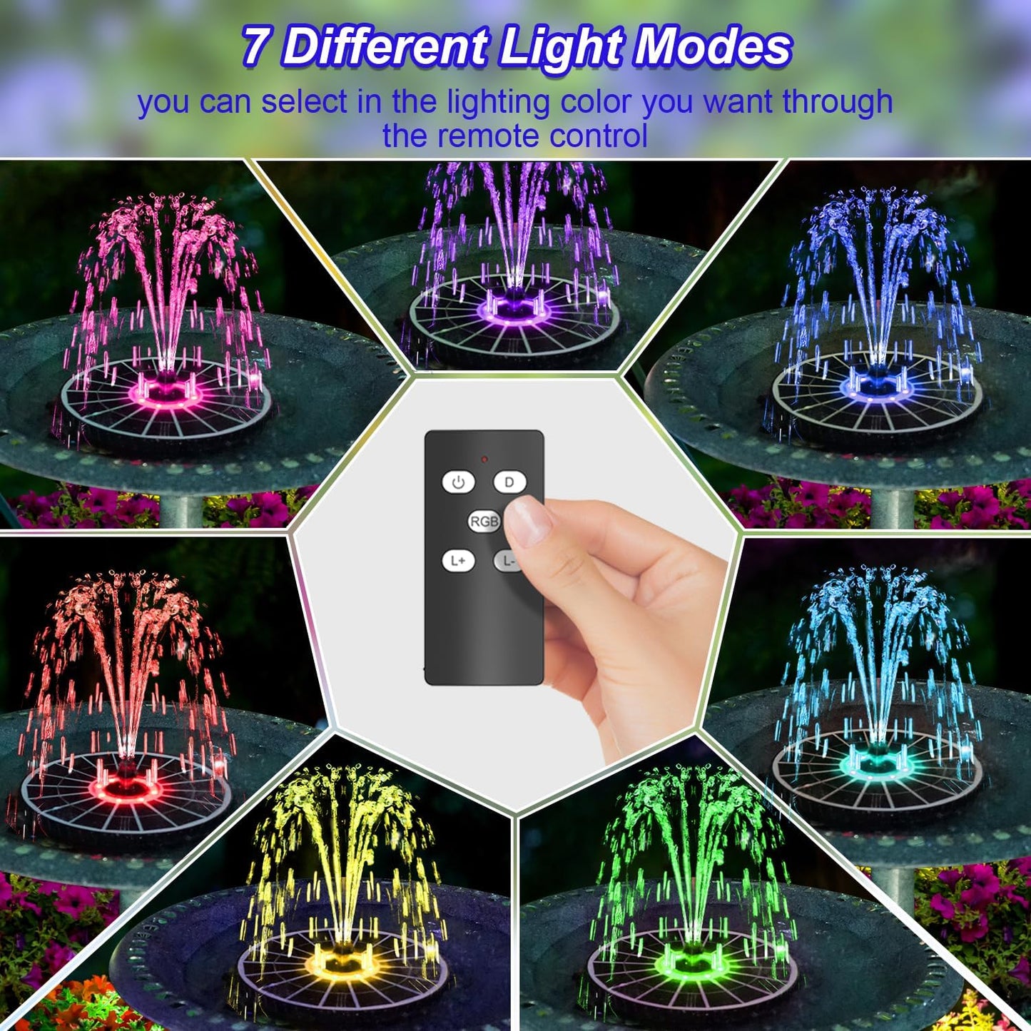 SZMP Solar Fountain 2025 Upgraded, 6W Remote Bird Bath Fountain, 4000mAh Solar Water Fountain Pump with 7 Nozzles & 4 Fixers, Colorful Lights for Garden, Pond, Pool, Outdoor-Adjust Water Height