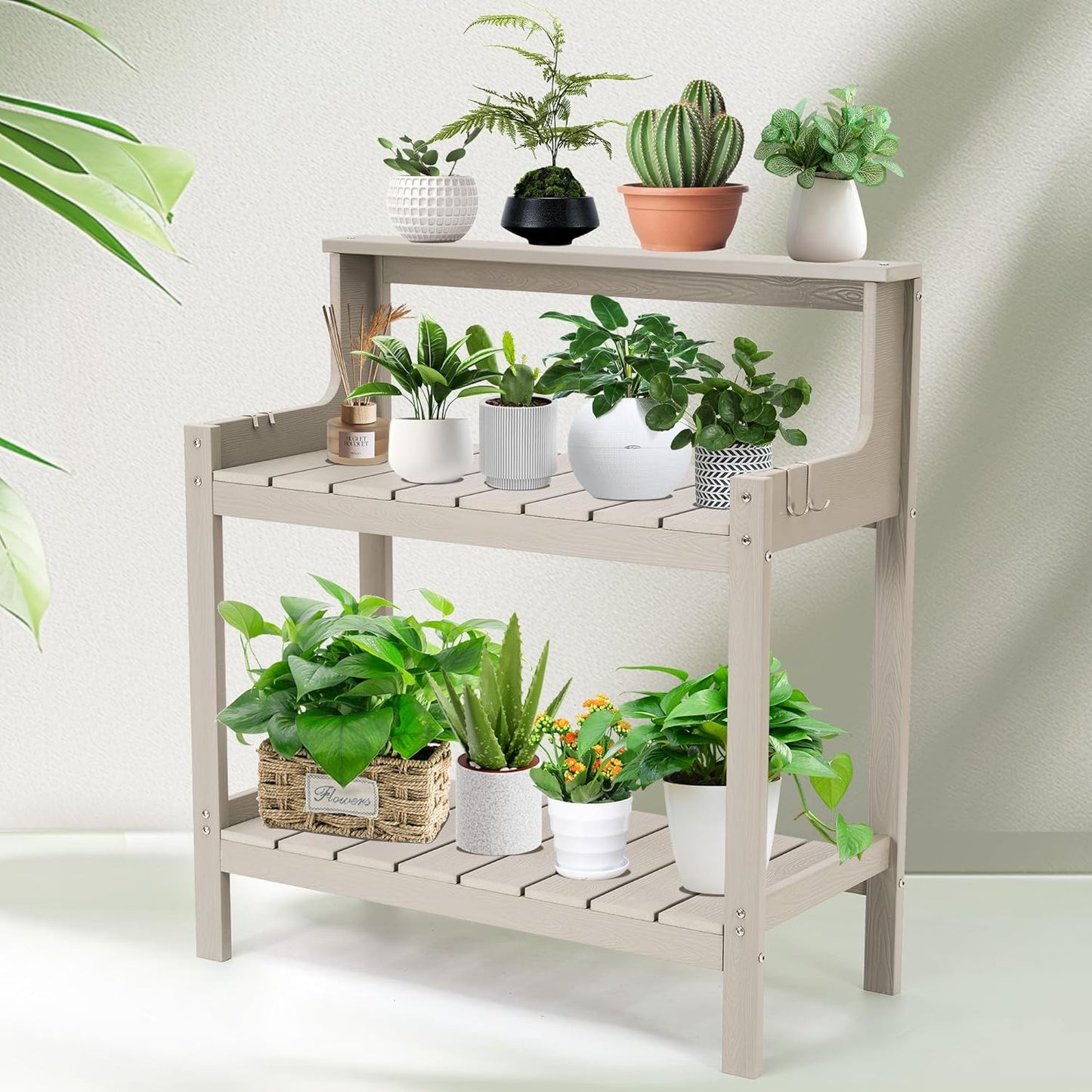 Potting Bench Outdoor Potting Table with 4 Side Hooks All-Weather Potters Benches HDPS Gardening Table Work Station Outdoor Potting Bench for Garden Porch Grey