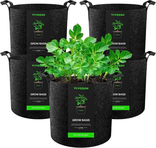 VIVOSUN 5-Pack 3 Gallon Plant Grow Bags Heavy Duty Thickened Nonwoven Fabric Pots with Handles