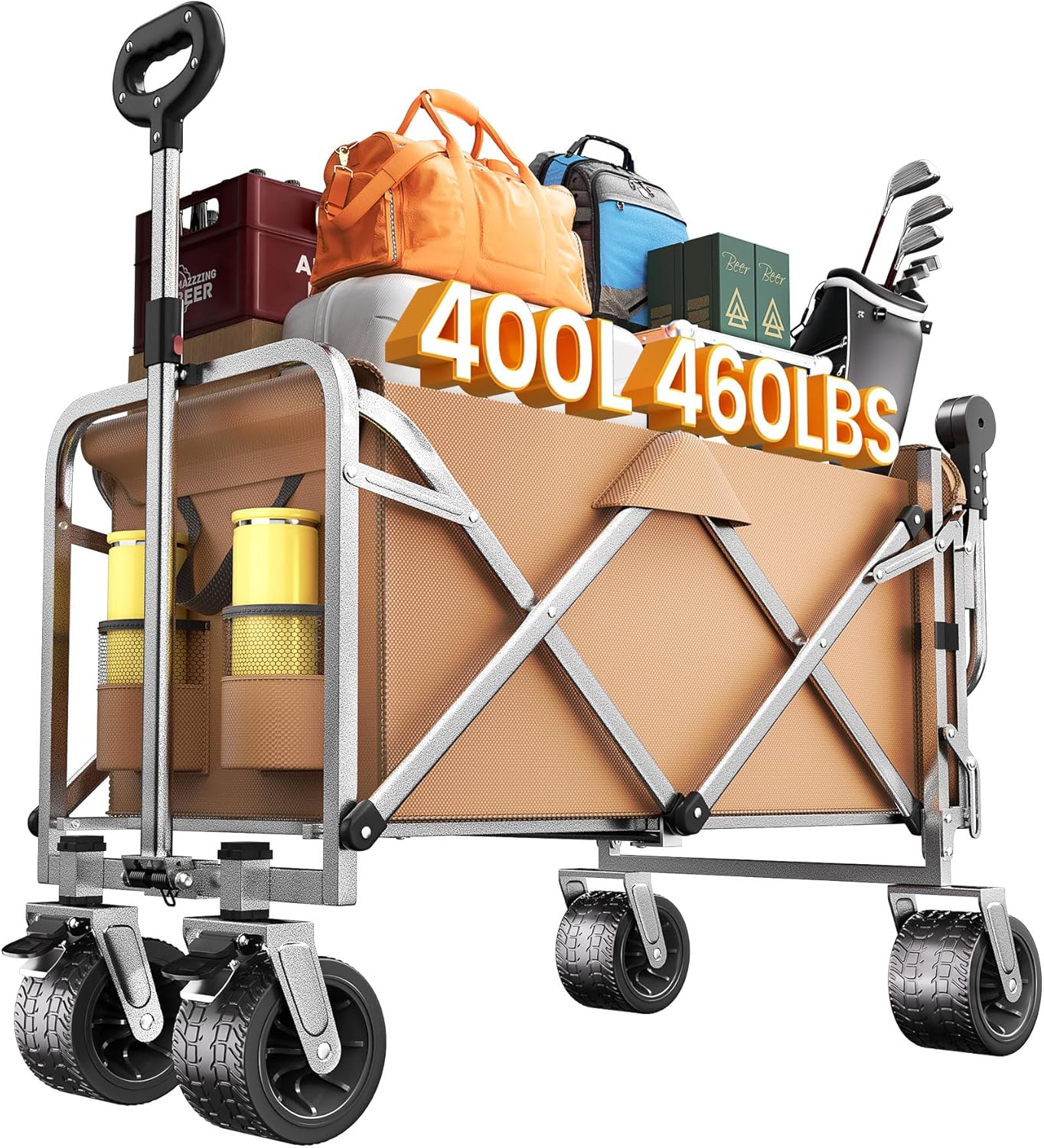 Upgraded 400L Large Capacity Folding Double Decker Wagon with Brakes（Black,54" Extra Long Extender Wagon Cart,660lbs Heavy Duty Collapsible Cart,All-Terrain Big Wheels for Camping,Shopping,Sport