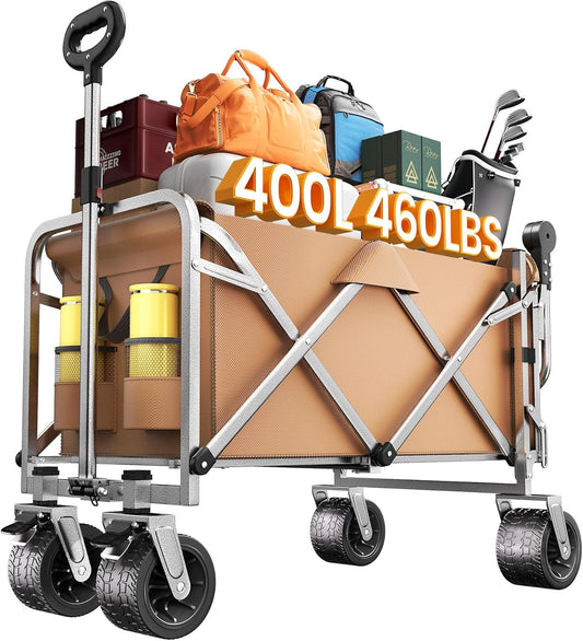 Upgraded 400L Large Capacity Folding Double Decker Wagon with Brakes（Black,54" Extra Long Extender Wagon Cart,660lbs Heavy Duty Collapsible Cart,All-Terrain Big Wheels for Camping,Shopping,Sport