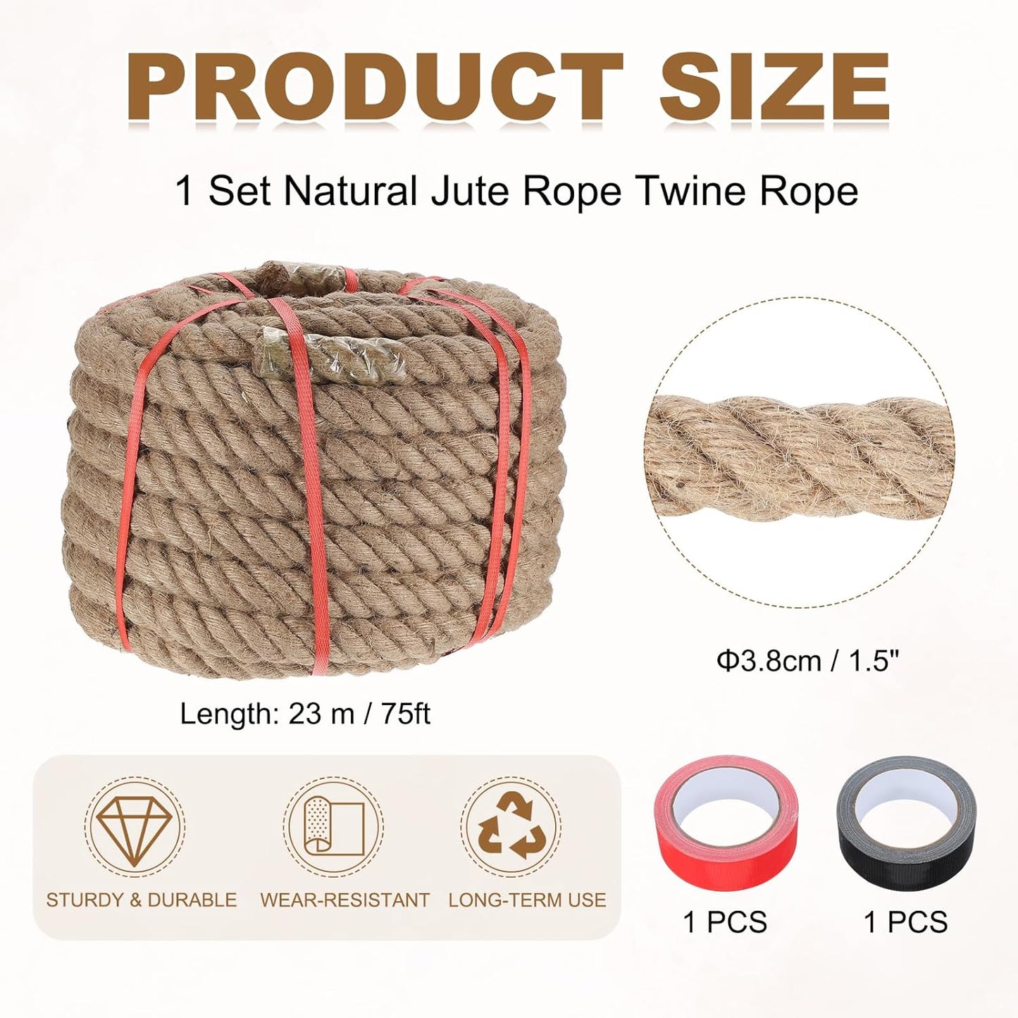MECCANIXITY Jute Rope 1.5 Inch x 75ft, Thick Twine Rope Ropes Braided Jute Twine Natural Brown Burlap Cord String Heavy Twisted with Tapes for Decorative Crafts Railing Swing Tug of War