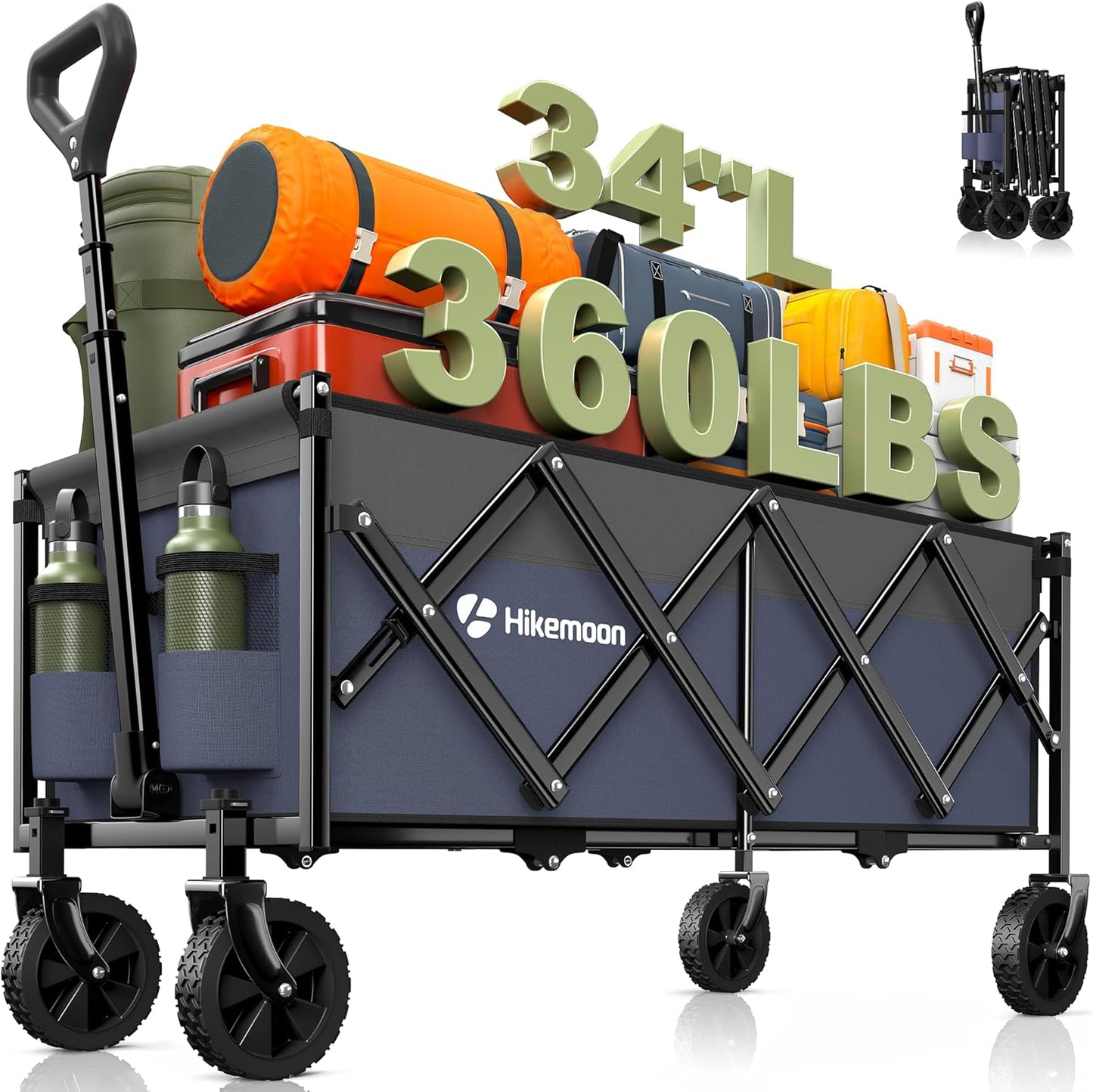 34'' Extra Long Collapsible Wagons Carts Foldable, 360LBS Heavy Duty Folding Beach Wagon Cart with Wheels, Portable Utility Outdoor Wagon for Grocery, Shopping, Garden, Sports, Purple