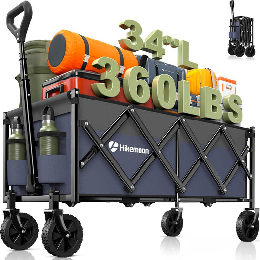 34'' Extra Long Collapsible Wagons Carts Foldable, 360LBS Heavy Duty Folding Beach Wagon Cart with Wheels, Portable Utility Outdoor Wagon for Grocery, Shopping, Garden, Sports, Purple
