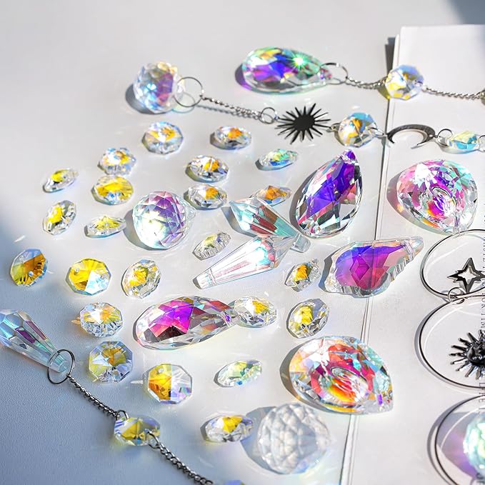 H&D HYALINE & DORA DIY Crystal Suncatcher Assembly Craft Kits for Adults 215pcs Rainbow Prisms Beads Pendant Crystal Window Sun Catchers Hanging Ornament Indoor Outdoor Decor, Silver