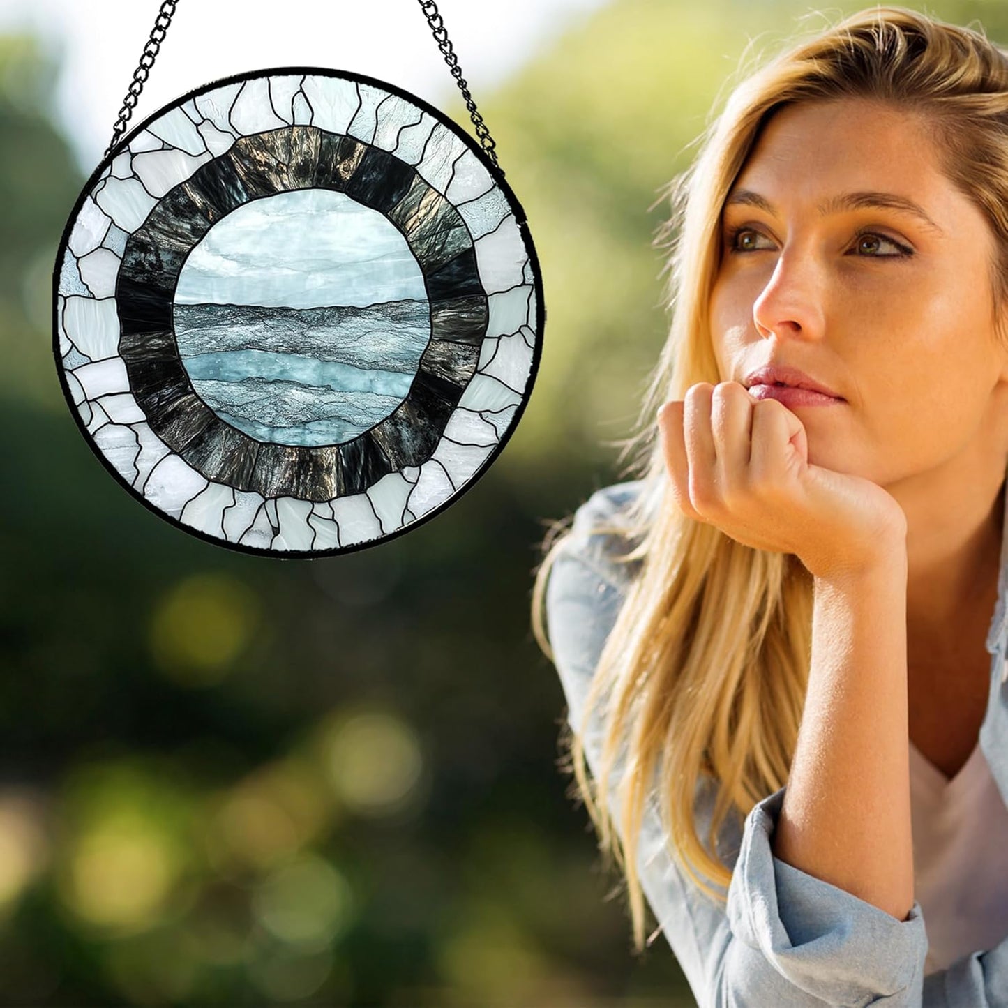 Stained Glass Window Hanging - Abstract Sea Surface Suncatcher for Doors Garden Patio Round Sun Catchers Decor Christmas Mother's Day Birthday Gifts for Women Men Mom Nana Friend 15 in