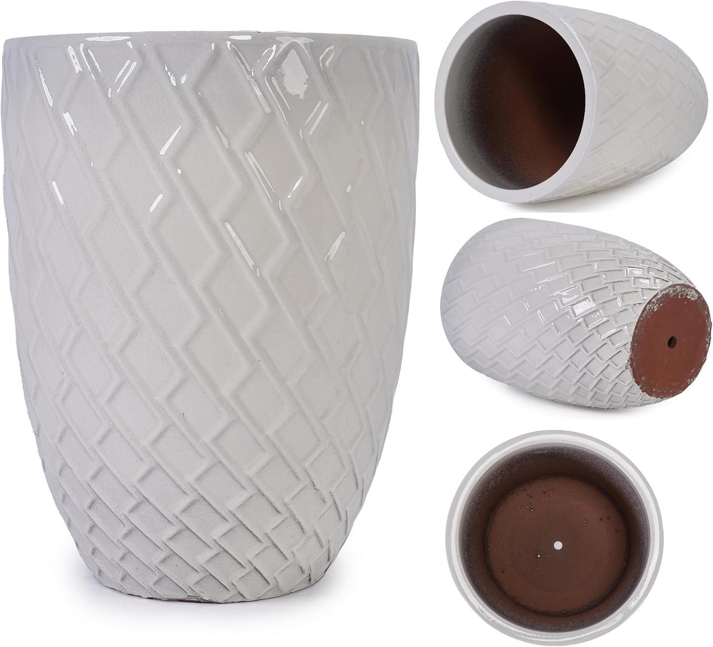 Large Ceramic Planter Pot 21 Inch, Tall Plante Pots Decorative Flower Pot with Diamond Textured Pattern and Drainage for Indoor Outdoor Plants (Milk White)
