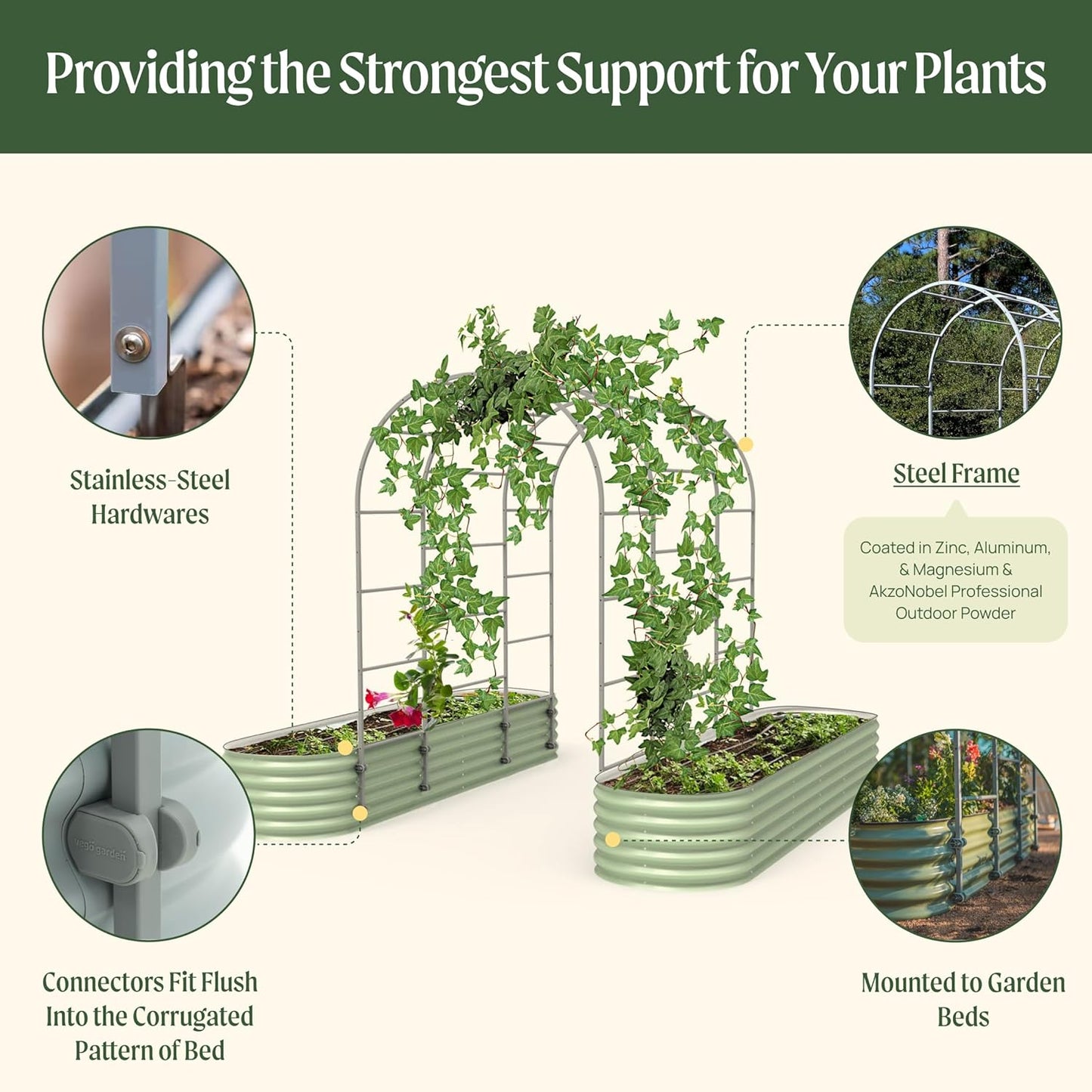 Vego Garden Modular Arched Trellis System 4.5' Long Trellis for 2.0' x 6.5' (6 in 1) Garden Bed or 3.5' x 6.5' (9 in 1) Garden Bed