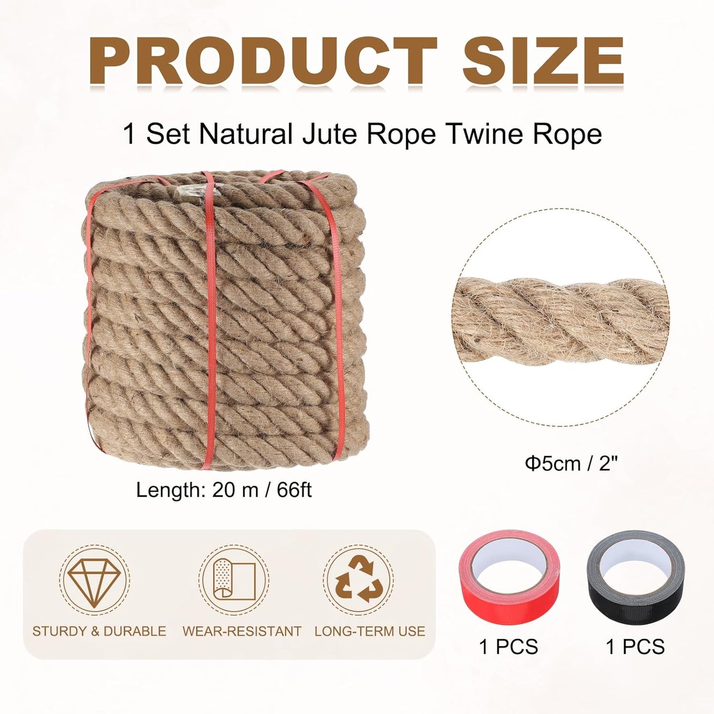 MECCANIXITY Jute Rope 2 Inch x 66ft, Thick Twine Rope Ropes Braided Jute Twine Natural Brown Burlap Cord String Heavy Twisted with Tapes for Decorative Crafts Railing Swing Tug of War