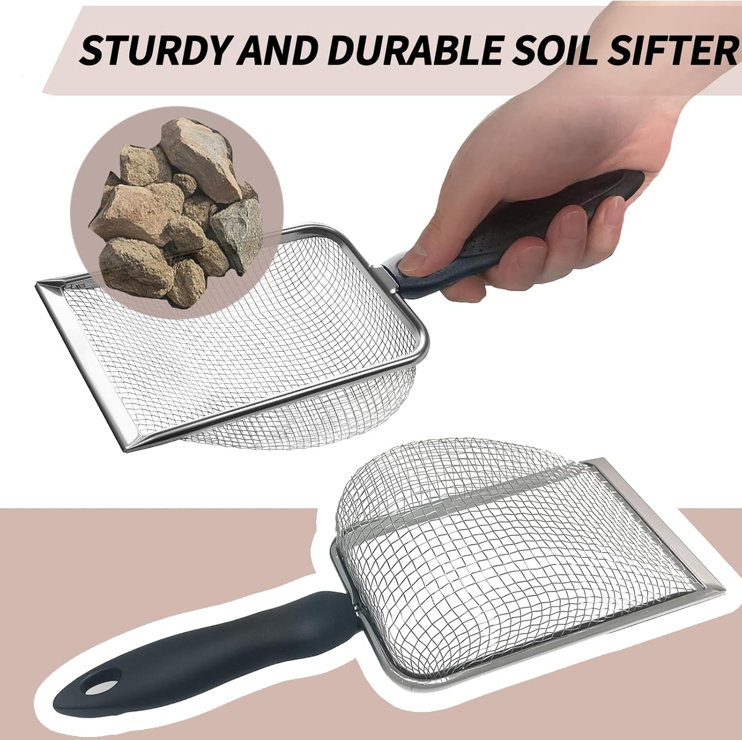 2 PCS 2-in-1 Gardening Soil Sifter Set with 3.8/5mm Mesh, Garden Sieve & Shovel Sifter Screen Potting Scoop for Sand, Dirt, Rock Compost, Stainless Steel & Ergonomic Handle