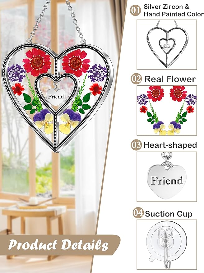 KY&BOSAM Heart Suncatcher Friend Stained Glass Hangings for Windows Real Flower Glass & Metal Maker Sun Catchers Birthday Gifts for Frined Home Party Backyard Indoor Outdoor Decor Christmas Ornament