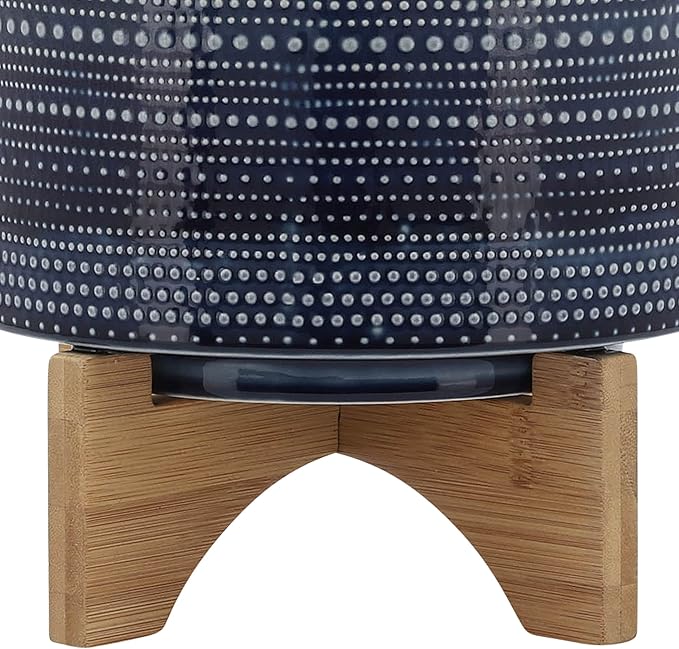 Sagebrook Home Textured Ceramic Planter with Wood Stand, Elevated Indoor/Outdoor Planter, Blue with Gray Dots, 8 L x 8 W x 10 H