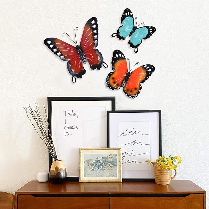 EASICUTI Metal Butterfly Wall Decor Butterfly Wall Art Hanging Sculpture For Indoor Outdoor Home Bathroom Living Room Bedroom Or Porch Patio Fence Orange Red Blue Set Of 3