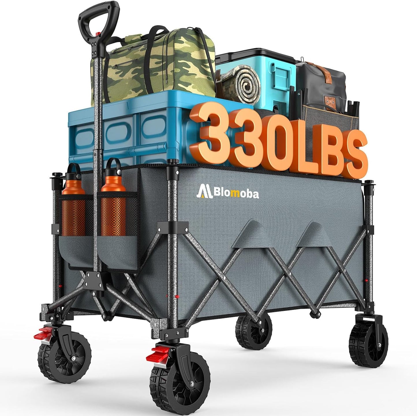 Collapsible Wagon Cart with Wider Wheels, 330lbs Heavy Duty Foldable Beach Wagon with Auto-Rebound Handle, 180L Utility Grocery Shopping Cart for Garden, Shopping, Camping, Sports, Gray