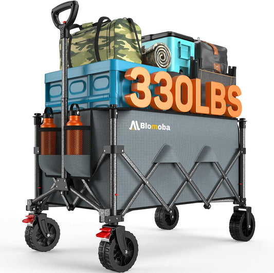 Collapsible Wagon Cart with Wider Wheels, 330lbs Heavy Duty Foldable Beach Wagon with Auto-Rebound Handle, 180L Utility Grocery Shopping Cart for Garden, Shopping, Camping, Sports, Gray