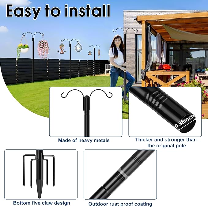 Ottsuls Bird Feeder Pole, 2 Pack 92 INCH Double Shepherds Hooks for Outdoor, with 5 Base Prongs Heavy Duty Tall Garden Planter Hooks for Hanging Flower Basket, Lantern, Hummingbird Feeder