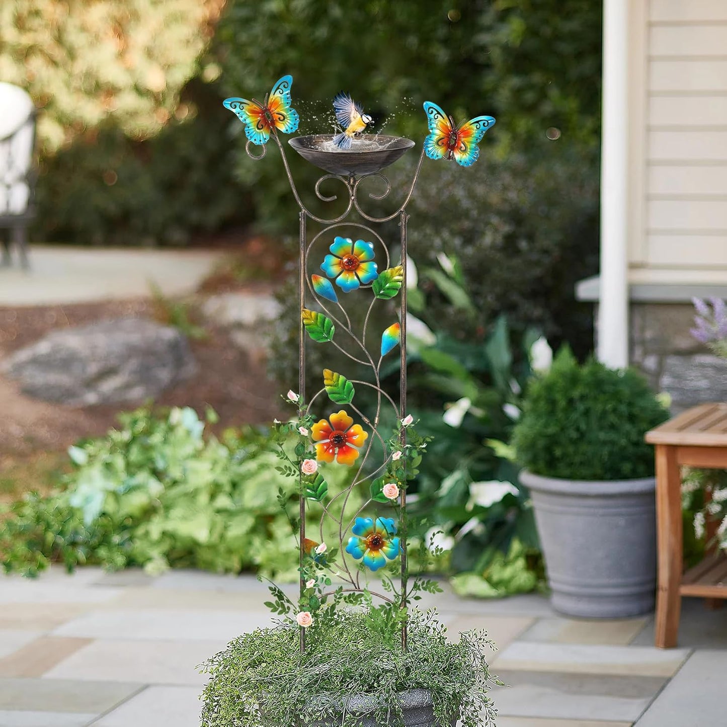 SUNNYPARK Bird Bath with Trellis Outdoor, Antique Garden Iron Plant Trellis with Decorative Floral-Butterflies Detachable Bird Bath Bowl Metal Potted Plants Support for Climbing Flowers