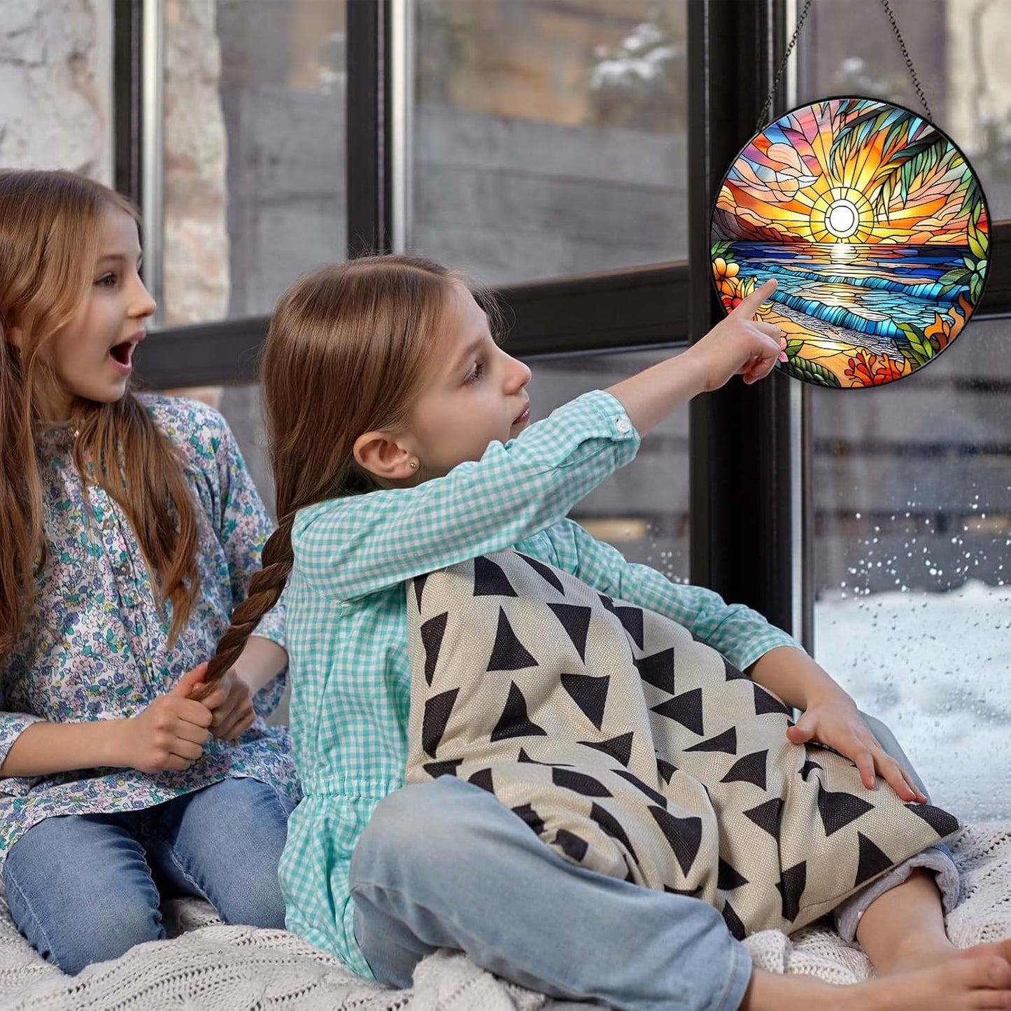 Beach Sunset Sun Catcher Stained Glass Window Hanging Beach Lovers Gifts for Women Wall Decor Landscape Decoration for Home Garden Housewarming Gifts