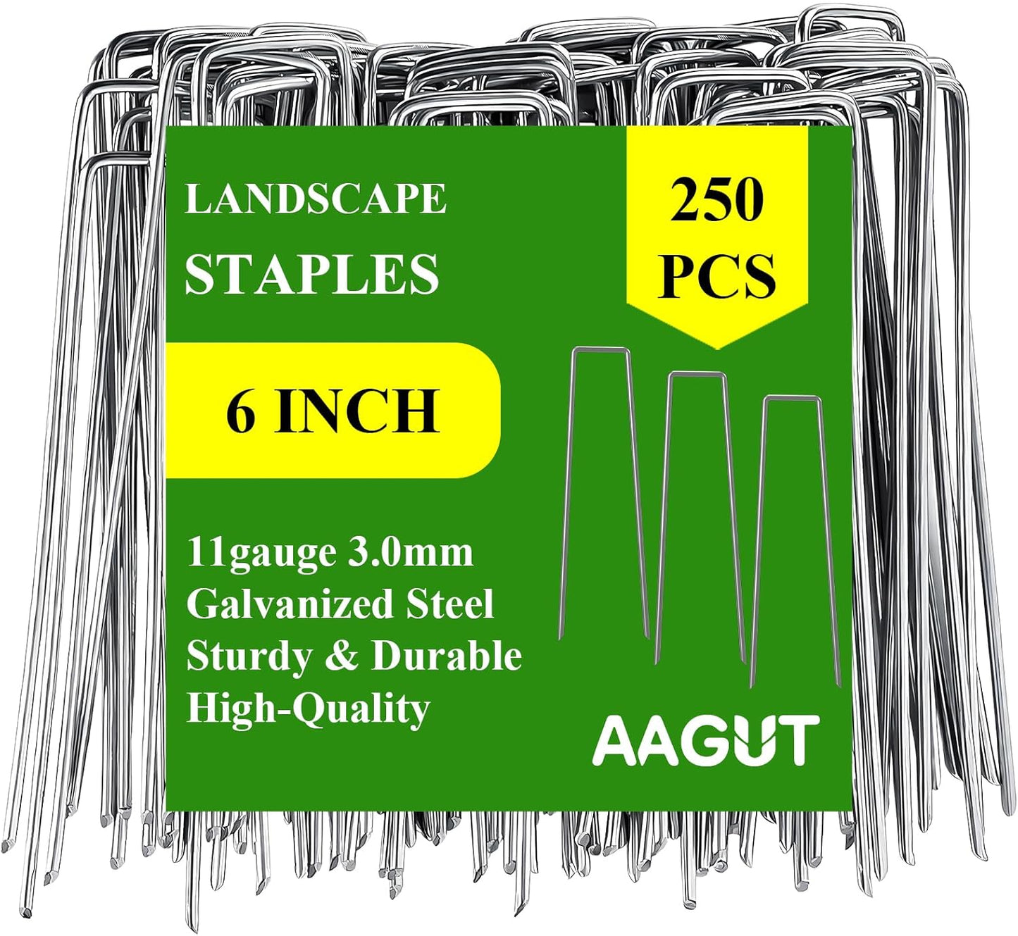 AAGUT Garden Stakes Pins, Landscape Staples 250 Pack 6 Inch 11-Gauge Galvanized Lawn Stake for Dog Fence, Weed Barrier Fabric, Ground Cover, Irrigation Tubing Soaker Hose, Chicken Wire