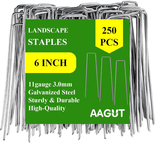 AAGUT Garden Stakes Pins, Landscape Staples 250 Pack 6 Inch 11-Gauge Galvanized Lawn Stake for Dog Fence, Weed Barrier Fabric, Ground Cover, Irrigation Tubing Soaker Hose, Chicken Wire