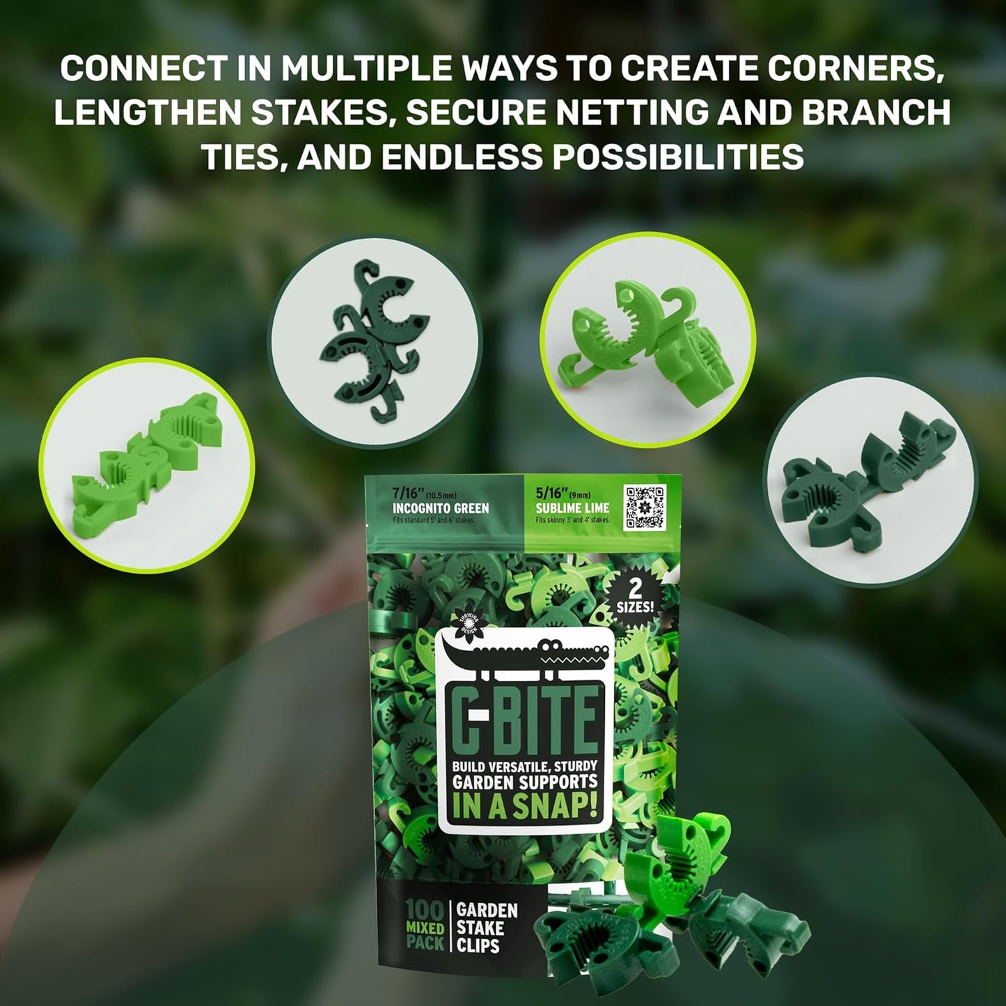 Plant Mixed Color & Size Support Clips | Tomato Cage Connectors for Trellis, Garden Stakes, Wire Fence, Climbing Plants, Vine, Gardening Protection | 50 Lime (5/16") + 50 Green (7/16")