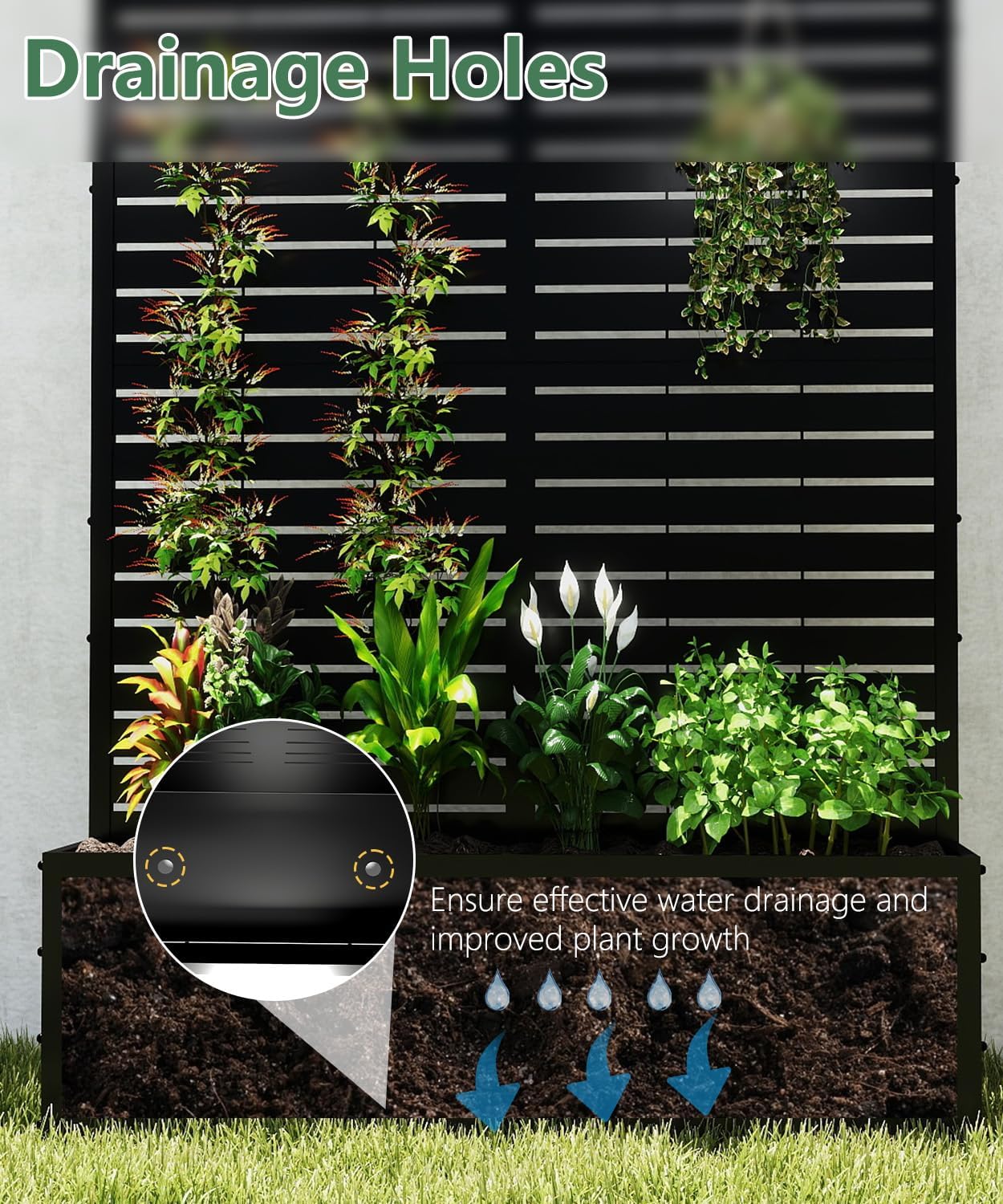 2PCS Metal Planter Box with Trellis,70.9"x47.2"x15.7" Raised Garden Bed with Drainage Holes, Privacy Planters for Outdoor, Garden Bed for Climbing Plants,Vegetables,and Vines, Black-louvered