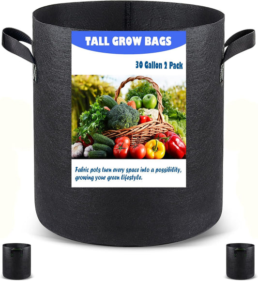 30 US Gallon 2 Pack Tall Grow Bags for Vegetables, Heavy Duty Nonwoven Aeration Fabric Deep Grow Pots with Handles