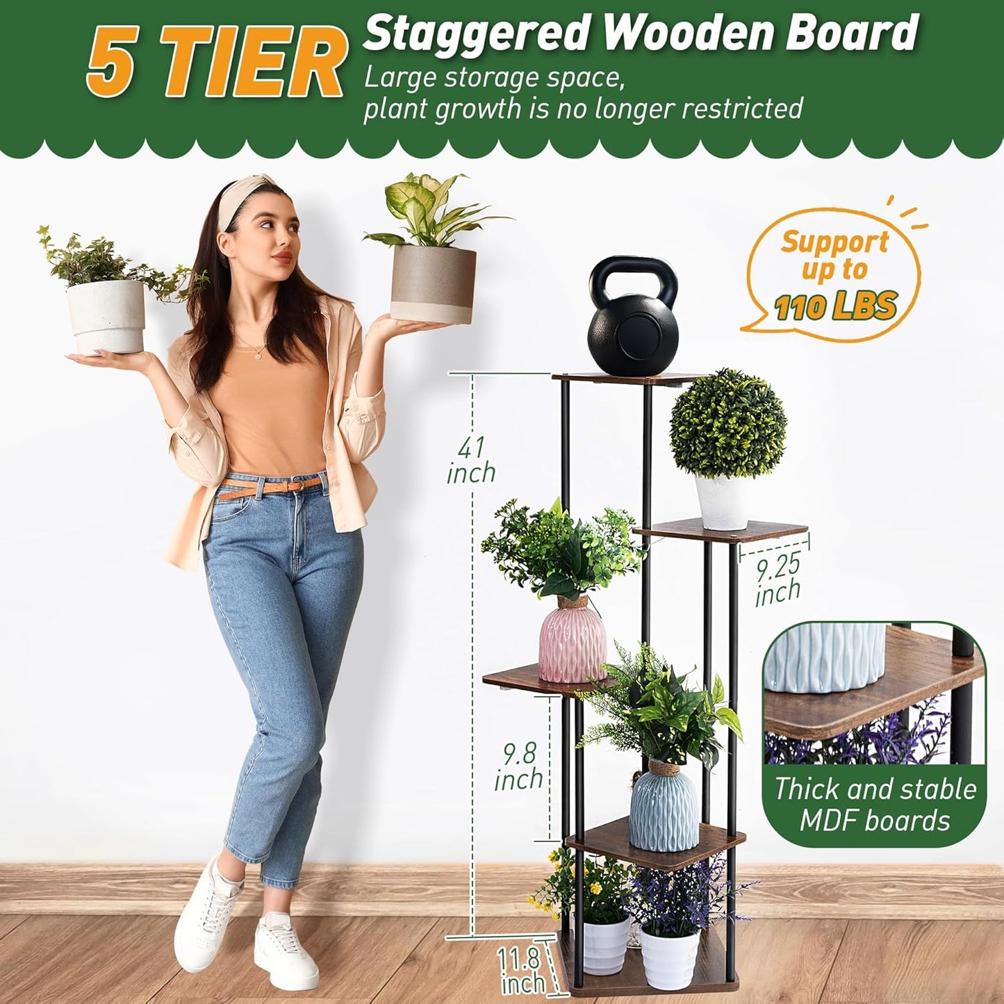 Dreyoo Plant Stand with Grow Light Indoor, 5 Tier 5 Potted Sturdy Metal Plant Shelf, Multiple Holder Tall Ladder for Display Flower Corner Living Room Office(Black, Brown)